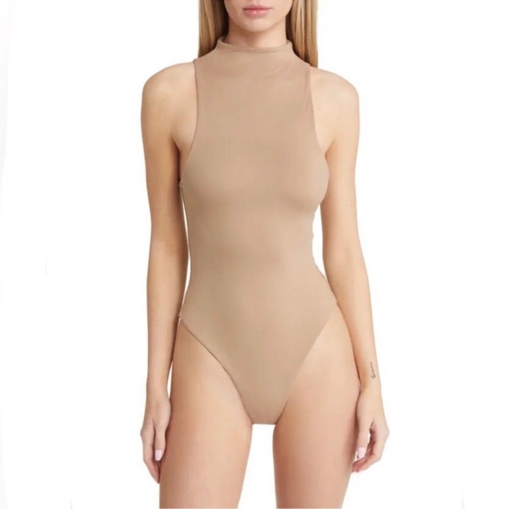 Naked Wardrobe Nude Mock Neck Sleeveless Thong Bodysuit Large‎